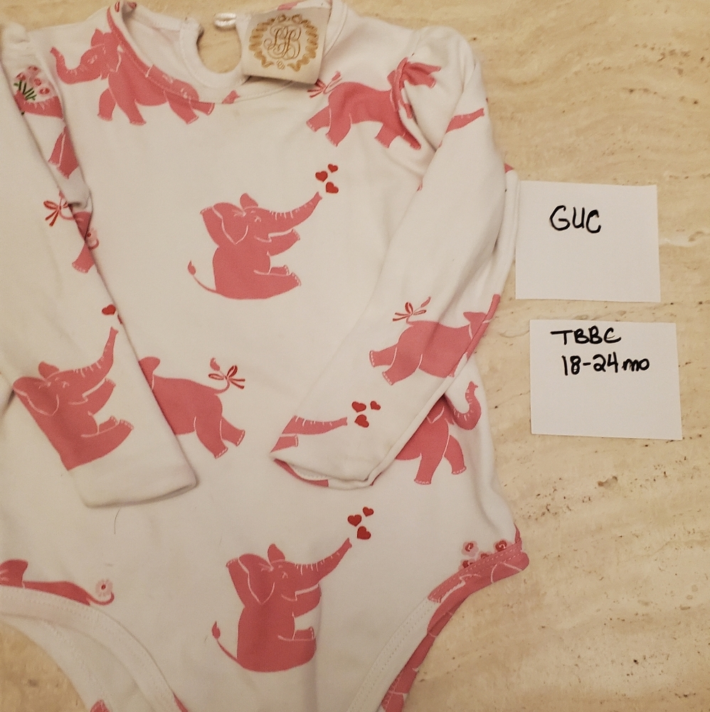 TBBC Long sleeve White with pink elephants onesie 18-24m
